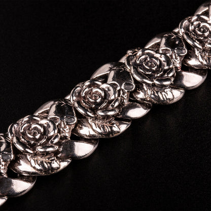 Bracciale grumettone in argento925 con teschi e rose